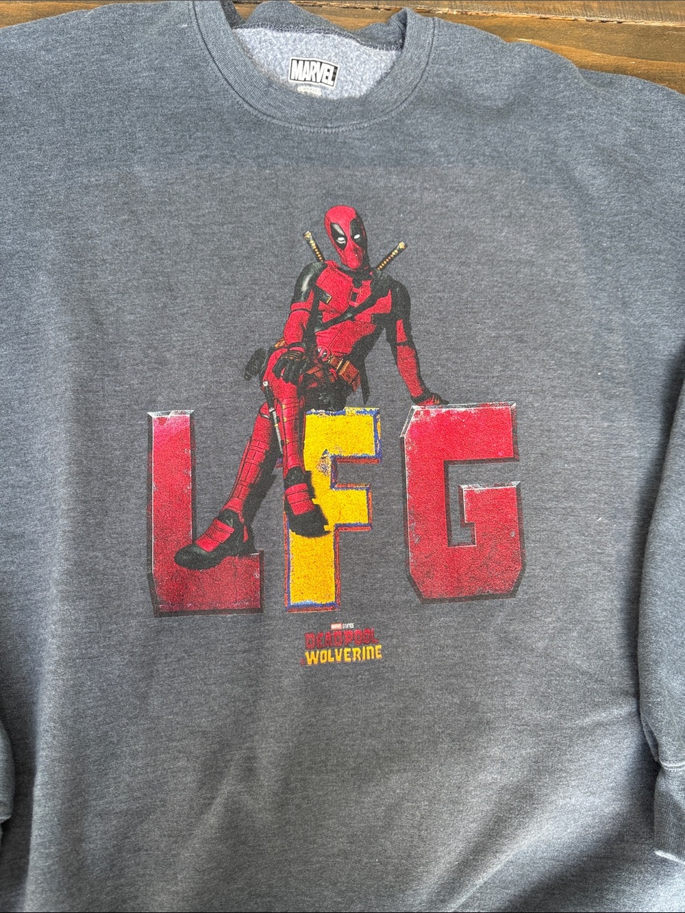 Marvel Men's Grey Crewneck with Red & Yellow Deadpool LFG Graphic